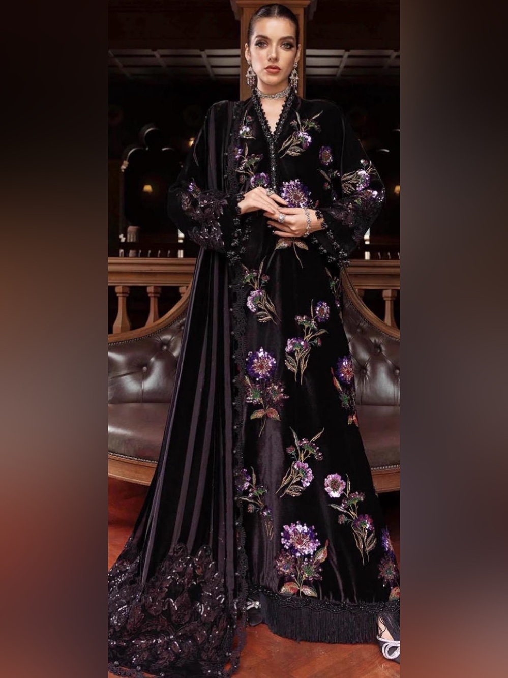 Boutique 9 Black Velvet Embroidered Floral black Dress with Purple Accents
